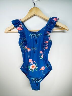 GAP KIDS Blue Flamingo Tropical Ruffle One-Piece Swimsuit
